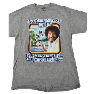 Bob Ross‎ Graphic Tee Mens Medium Grey Happy Accidents Birds Quote T-Shirt